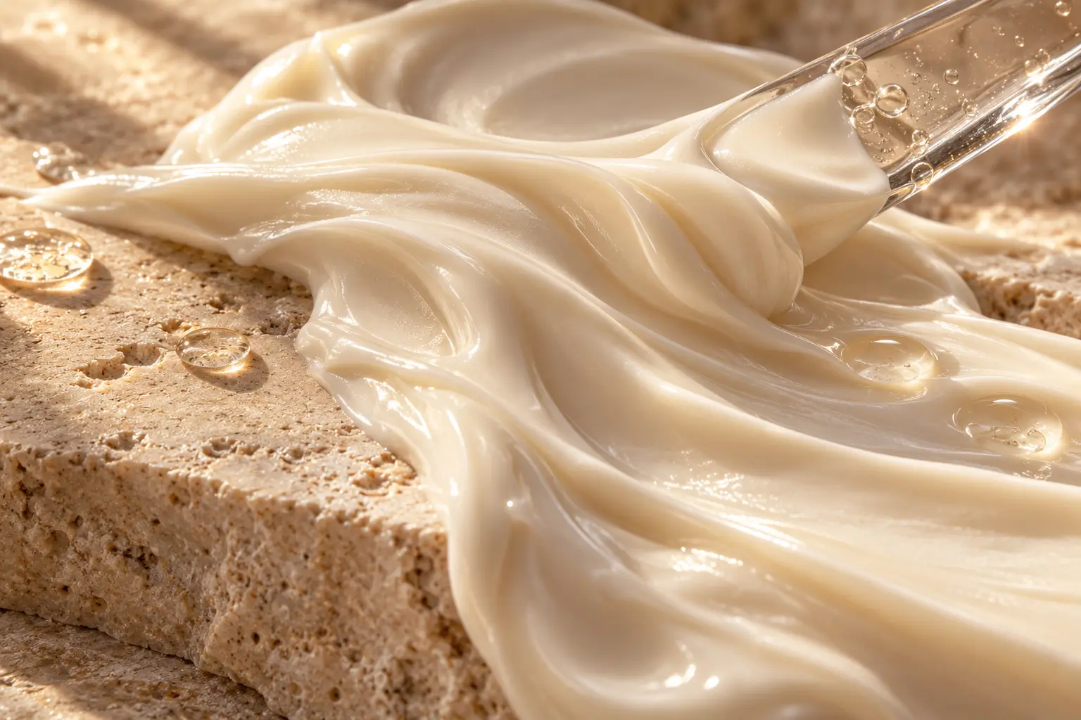 A close-up of cream texture folded over pale mineral stone